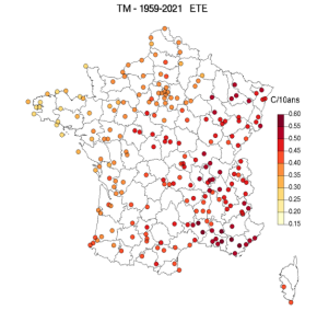 Evolution des températures moyennes saisonnières (ÉTÉ) par décennie sur la période 1959-2021