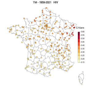 Evolution des températures moyennes saisonnières (HIVERS) par décennie sur la période 1959-2021