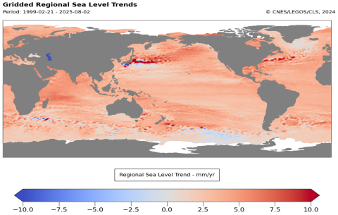 Carte de l'évolution du niveau moyen des océans par altimétrie