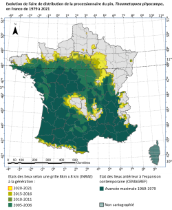 Progression du front d’expansion de la chenille processionnaire en France entre la période 1969-1979 et l'hiver 2020-2021. Crédits : INRAE