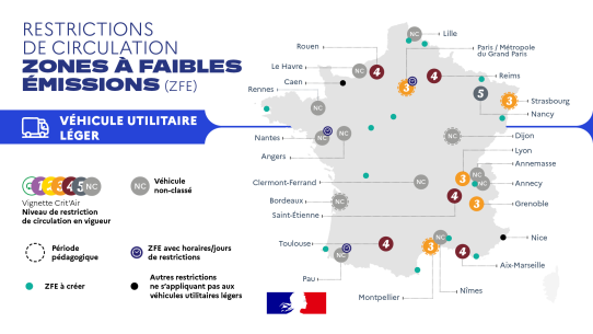 23 ZFE appliquent des restrictions de circulation, temporaires ou permanentes, pour des véhicules utilitaires légers. Le niveau de restrictions varie d'une ZFE à l'autre.