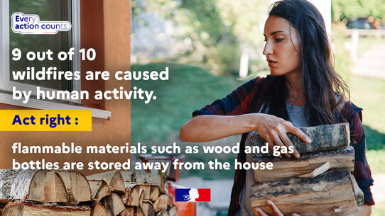 9 out of 10 wildfires are caused by human activity-Act right: store wood and gas bottles in a shed away from your house-Every actions counts