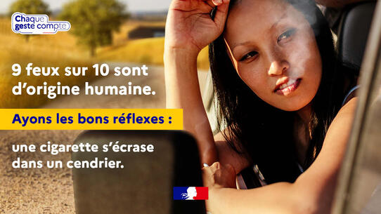 9 feux sur 10 sont d'origine humaine-Ayons les bons réflexes : une cigarette s'écrase dans un cendrier. Chaque geste compte. 