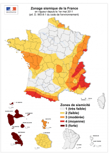 Zonage sismique de la France (en vigueur depuis le 1er mai 2011)