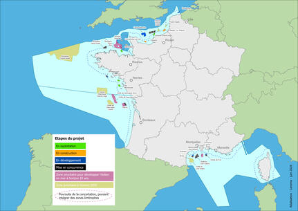 Carte des projets éoliens en mer en France avec leur état d'avancement