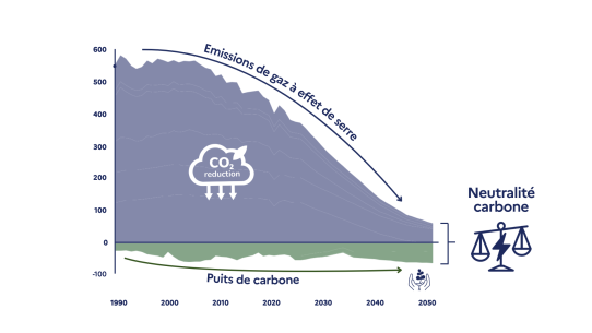 Courbes des émissions de gaz à effet de serre (en déclin) et des puits de carbone (en absorption) montrant l'équilibre nécessaire pour atteindre la neutralité carbone en 2050