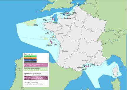 Carte présentant les projets éoliens en mer en France et leur avancement